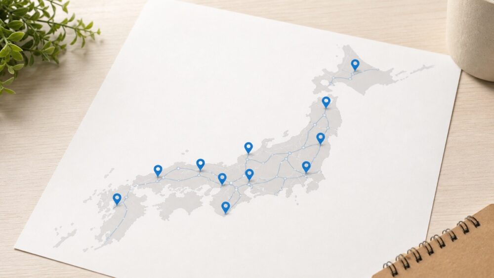 全国に展開する声優養成所の通学拠点を地図で確認するイメージ