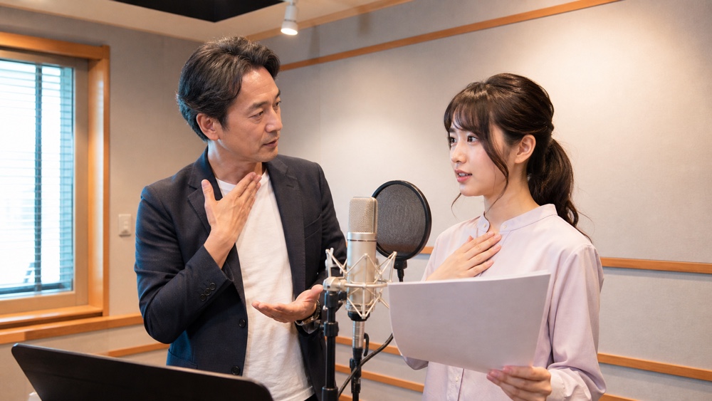 講師が受講生に発声や表現を丁寧に指導する汎用的な声優レッスン風景