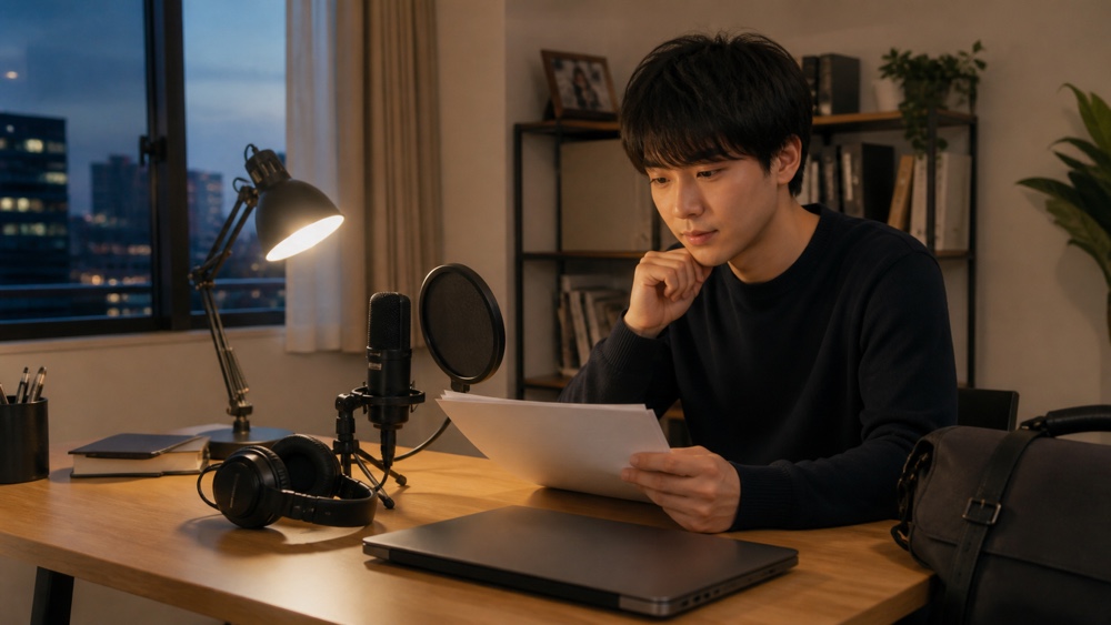 学校や仕事の後に自宅で声優の台本練習に取り組む生活シーン