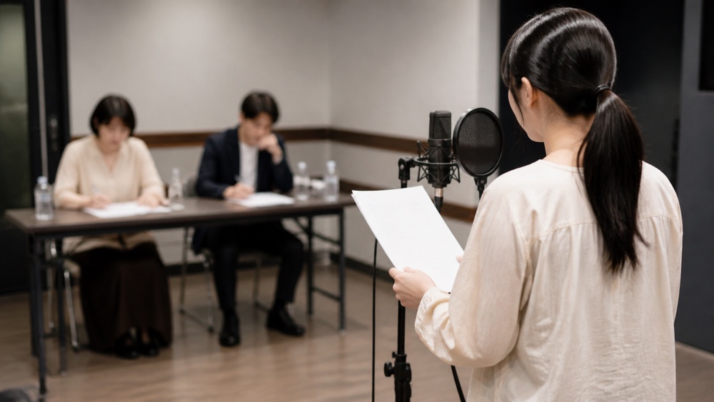 声優オーディションで受講生の演技を審査する様子