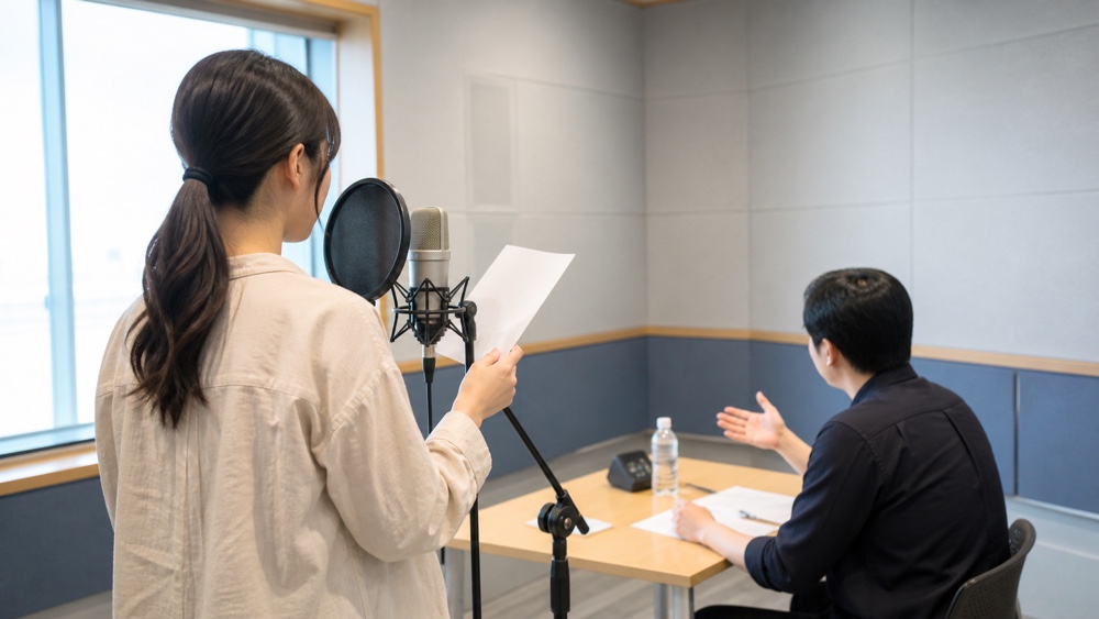 学校の授業で講師から学内オーディション対策の指導を受ける学生