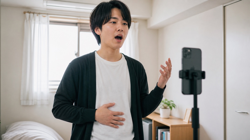 声優が腹式呼吸を意識しながら発声・滑舌の練習をしているイメージ写真