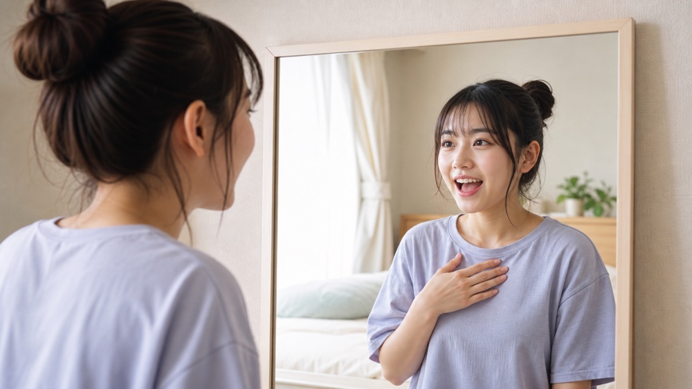 声優が鏡の前で喜怒哀楽の表情をつくる練習をしているイメージ写真