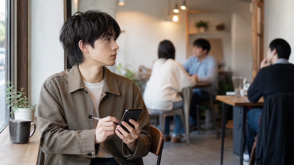 声優がカフェで周りの人を観察しながらスマホにメモを取っているイメージ写真