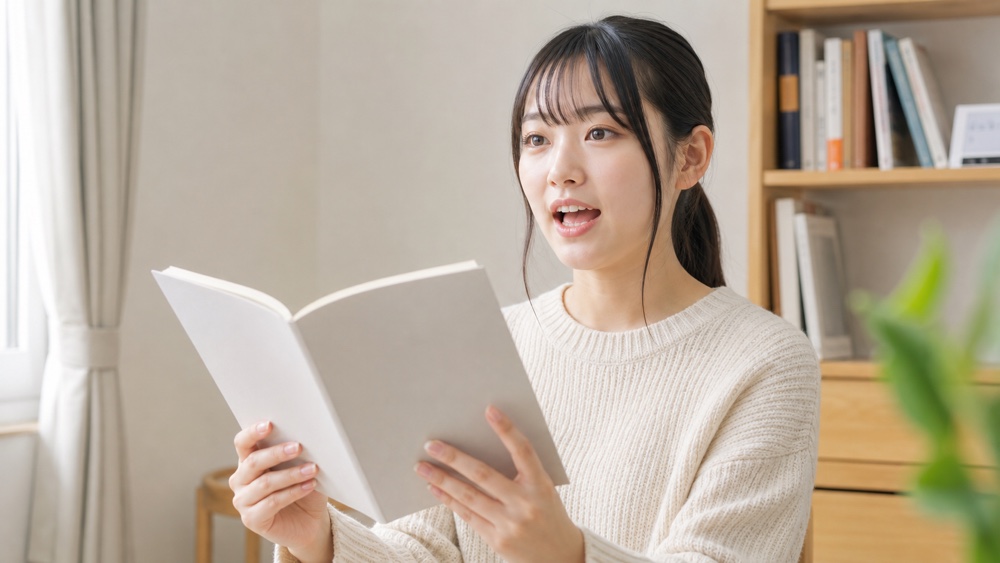 声優が本を声に出して朗読し表現力を磨いているイメージ写真
