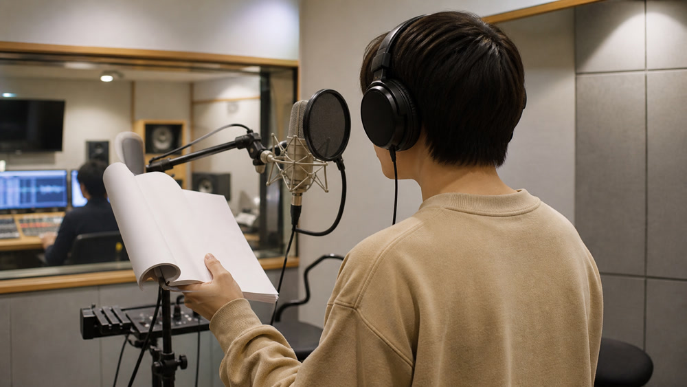 レコーディングブースで収録する声優