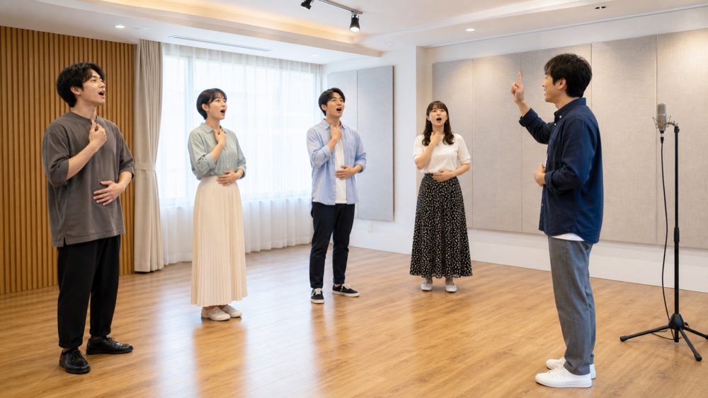 声優養成所のレッスン室で発声練習をする受講生たち