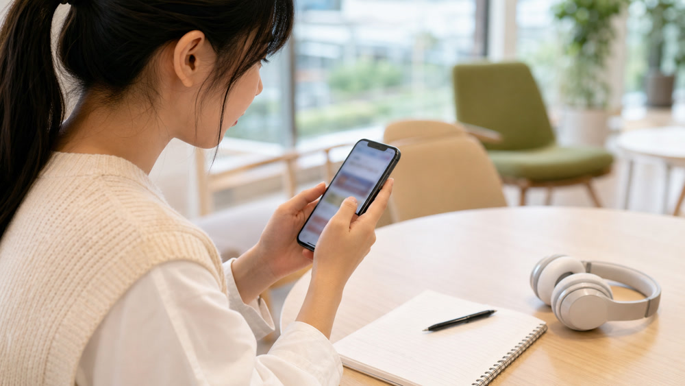 スマートフォンで口コミを確認する学生