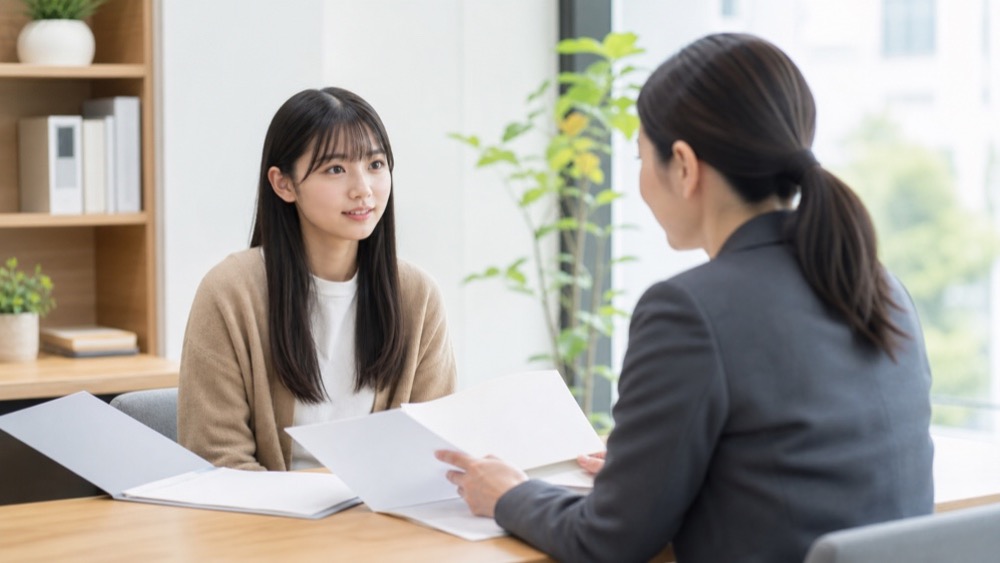 進路相談で学校資料を確認する学生と担当者