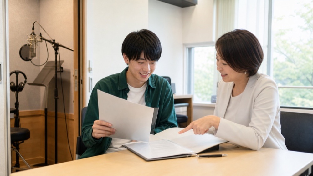 入試資料と就職支援について相談する学生