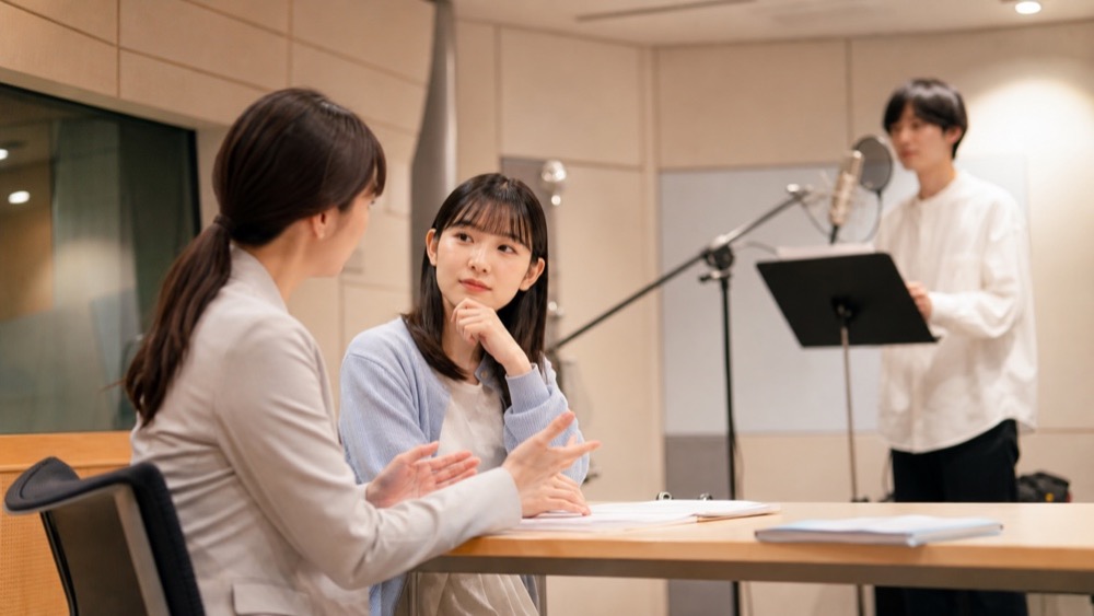 声優の進路が自分に向いているか講師に相談する学生