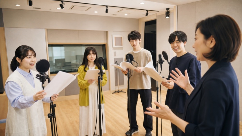 マイクを使った声優レッスンを受ける学生たち