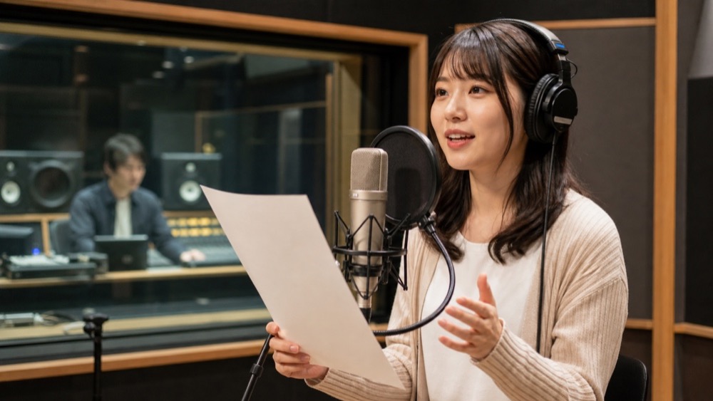 プロの録音スタジオで声の仕事に取り組む卒業生のイメージ