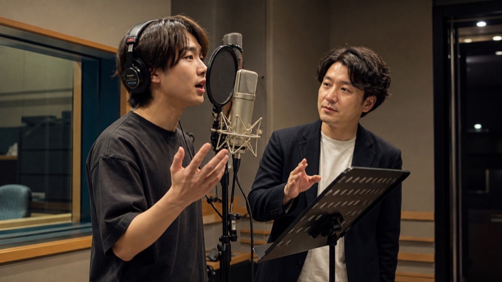 録音スタジオで専門的な演技指導を受ける学生