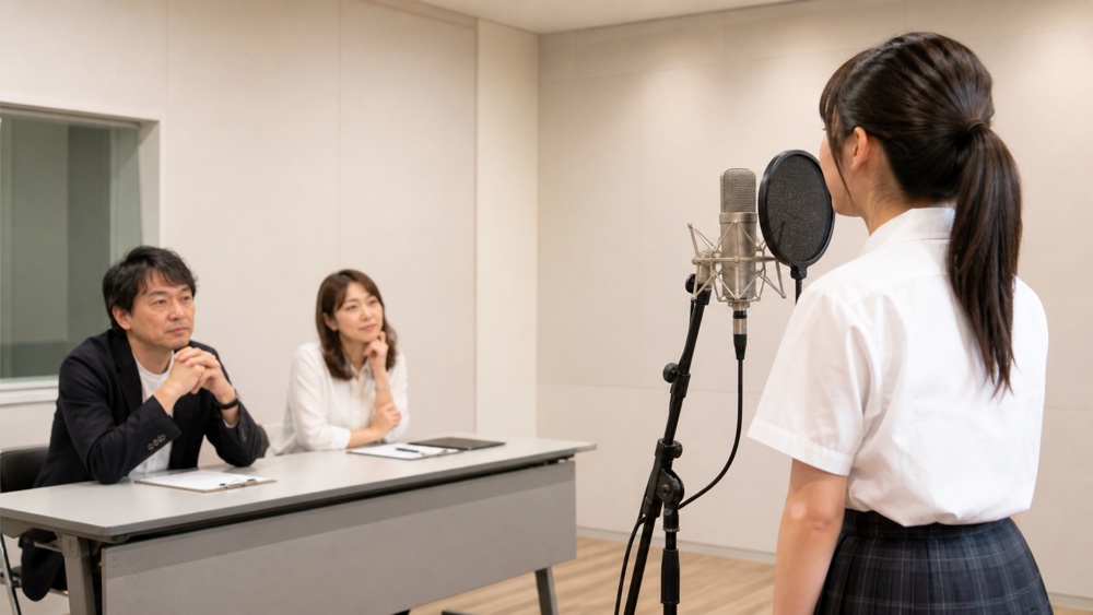 審査員の前で学内オーディションを受ける声優志望者
