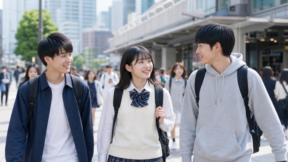 都心の専門学校キャンパスへ通学する学生たち