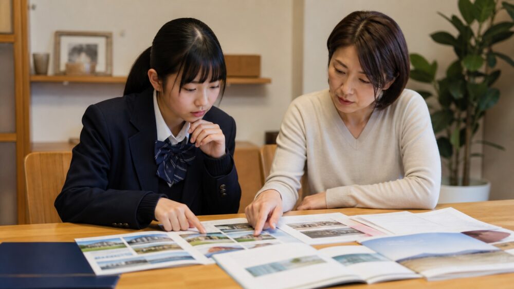 複数の専門学校資料を親子で比較するイメージ