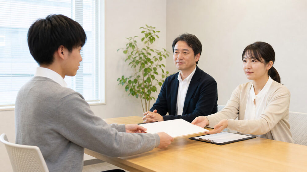 声優専門学校の入試面接で出願書類を提出する受験生