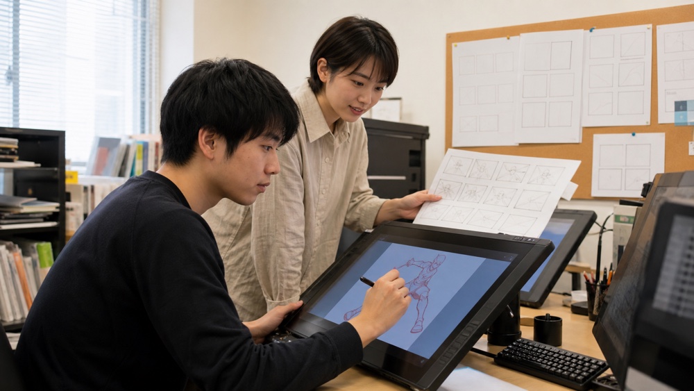 アニメ制作スタジオで作画に取り組む若手スタッフ