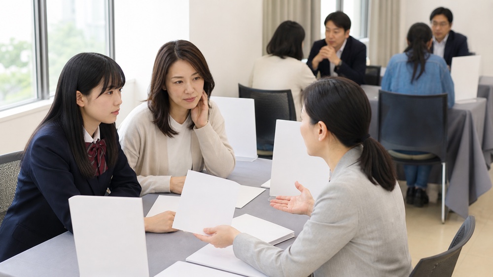 進学相談会で複数の声優専門学校を比較検討する学生と保護者