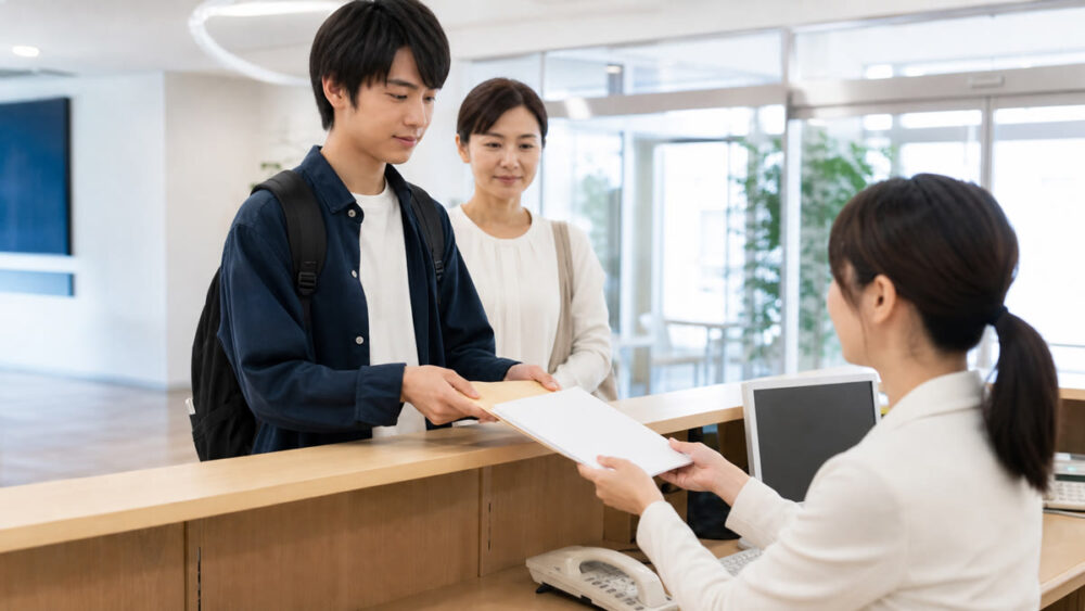 養成所の受付で入所書類を提出する志望者と保護者