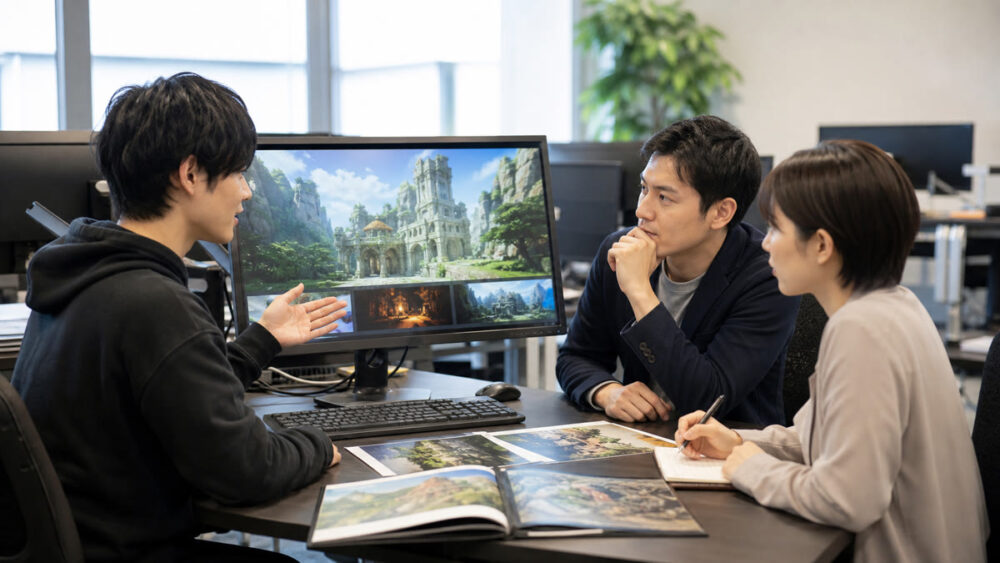 ゲーム作品のポートフォリオを就職担当者に見せる学生