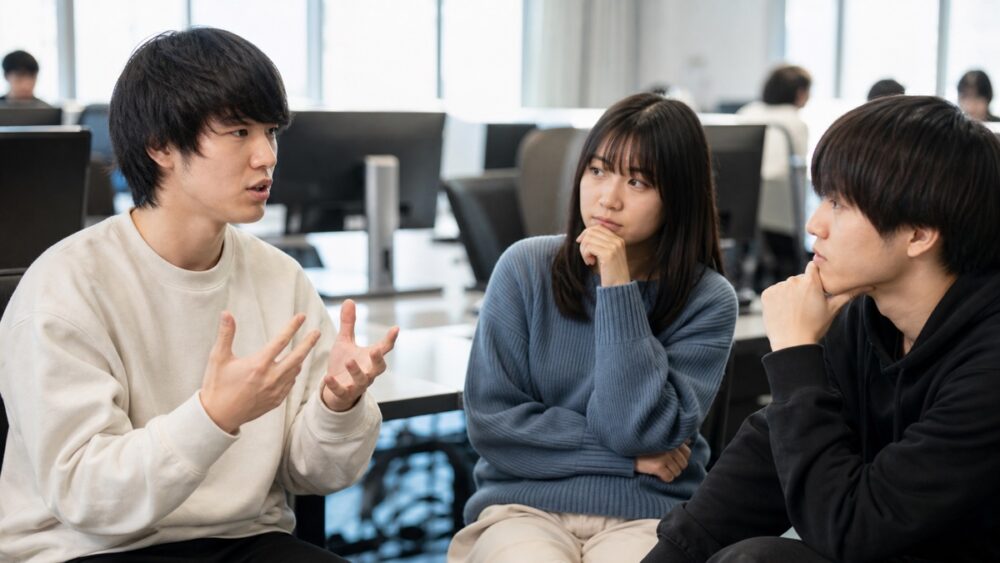 口コミの良い点と悪い点を話し合うゲームスクールの学生