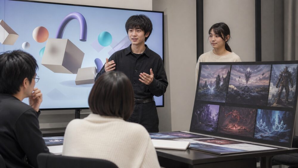 制作したゲーム作品とポートフォリオを発表する学生