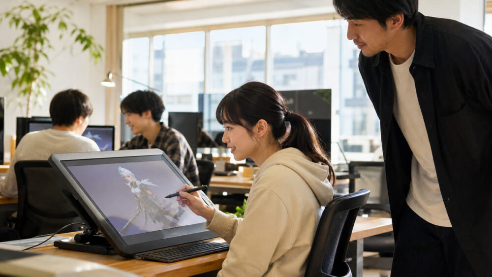 ゲーム制作に主体的に取り組み講師へ相談する学生