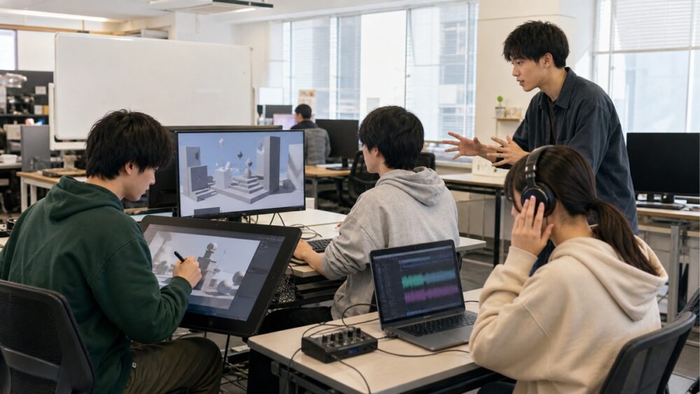 複数専攻の役割を分担してゲームを共同制作する学生チーム