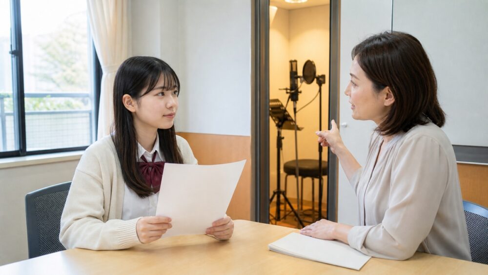 録音ブースを前に高松で声優の進路を相談する高校生