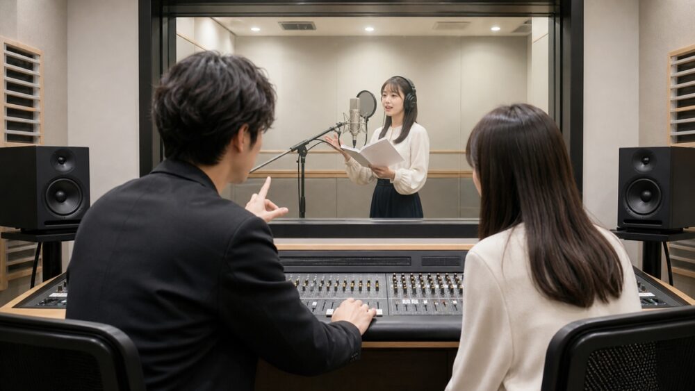 レコーディングブースで実技を披露する学生とスタッフ