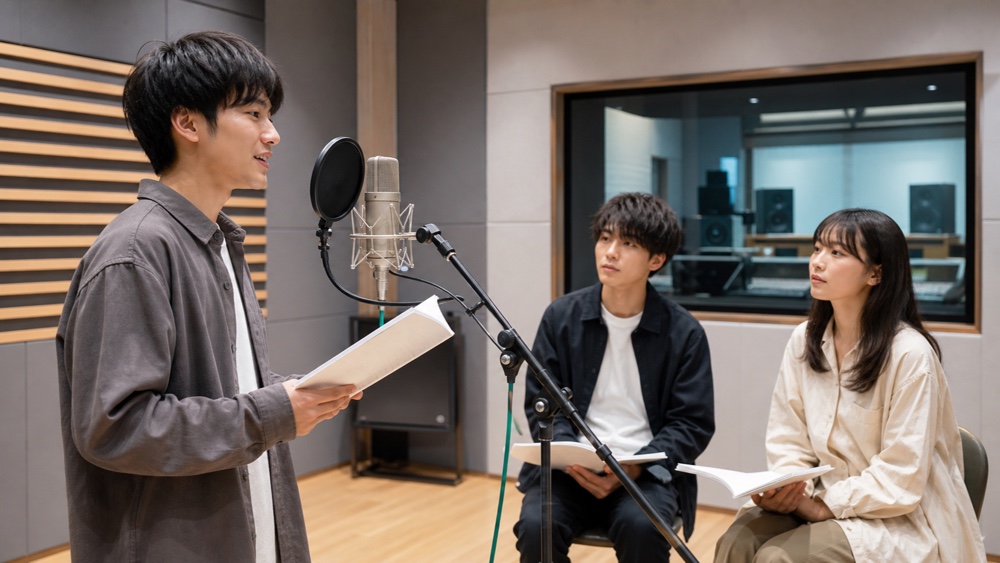 防音スタジオで声優レッスンを受ける学生たち