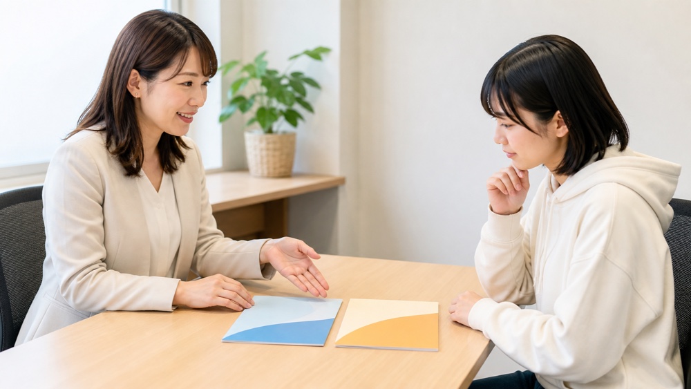 専門学校と養成所の資料を見比べながら相談する学生と講師