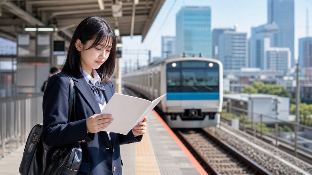 駅のホームで進路資料を確認する学生