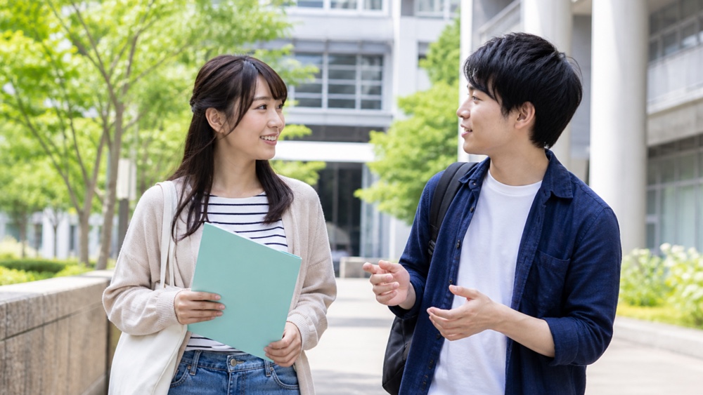 大学キャンパスで進路資料を持ちながら話す学生