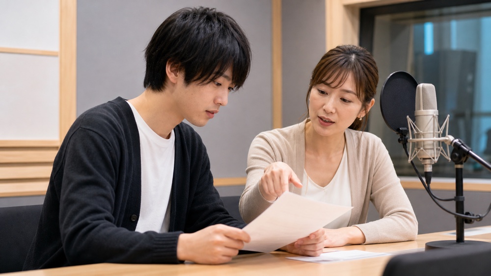 声優専攻のカリキュラムを講師と確認する受講生