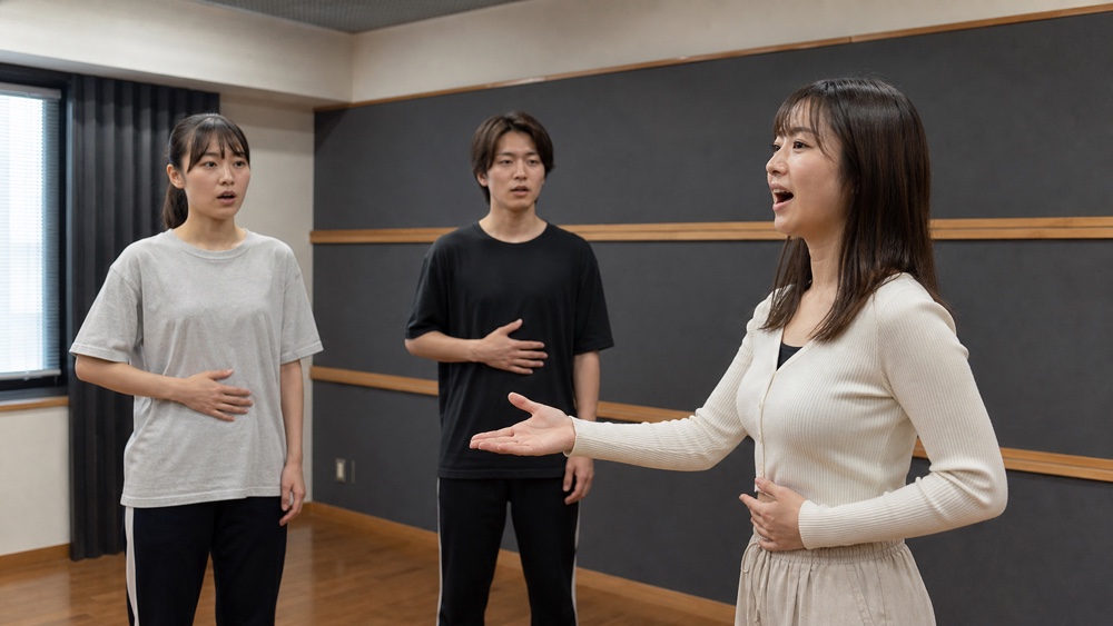少人数の声優養成所で発声練習をする受講生