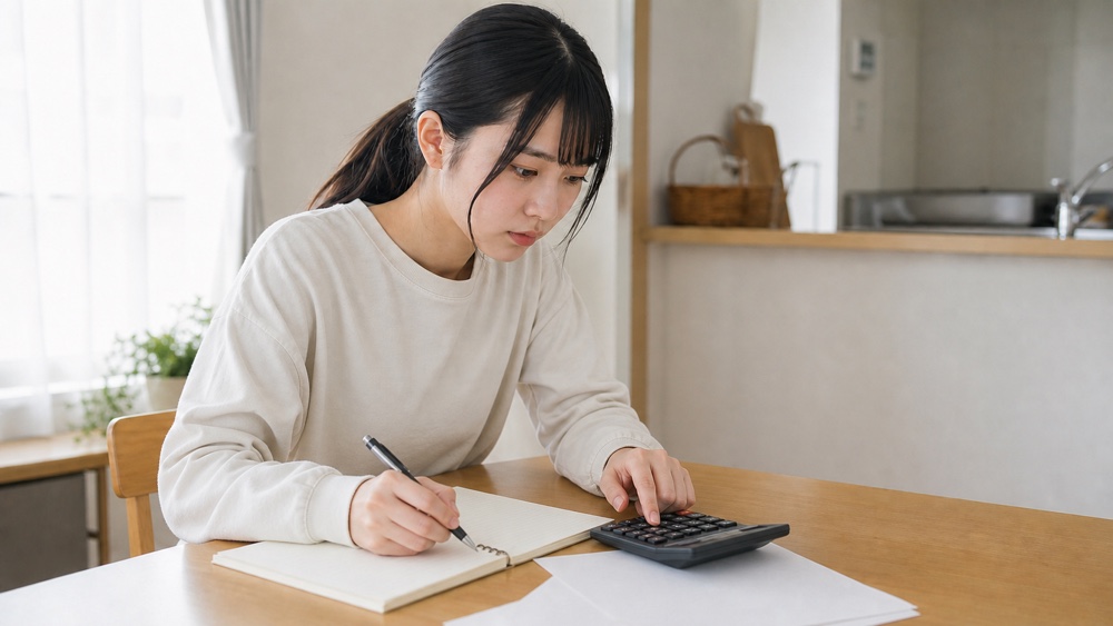 声優の学校の学費を電卓で確認する学生