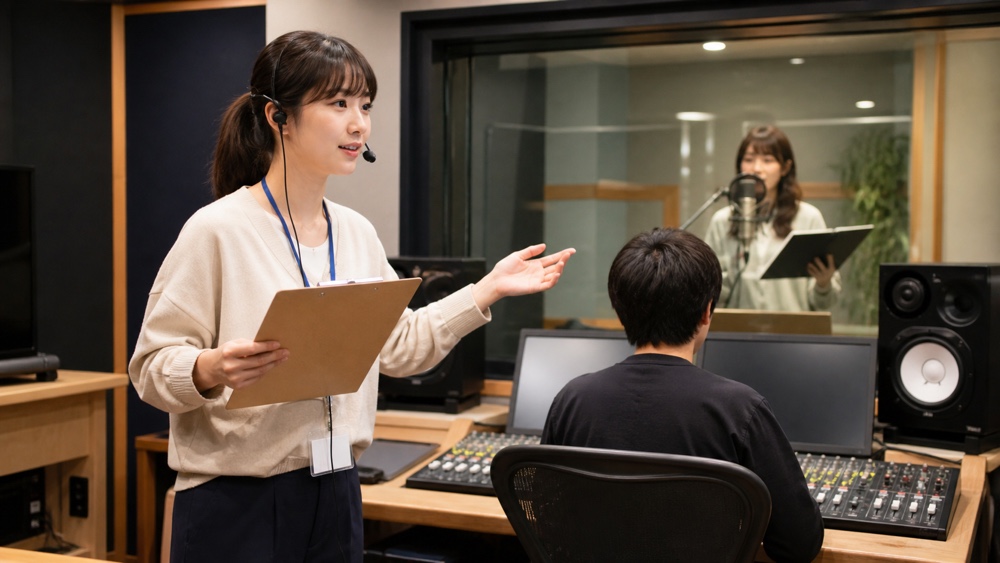 一般的な収録現場で出演者と音響スタッフが作品づくりを進める様子