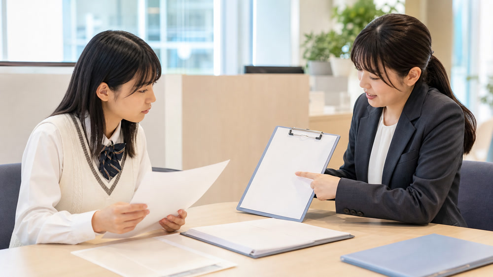 声優オーディションの応募資格を担当者と一緒に確認する志望者