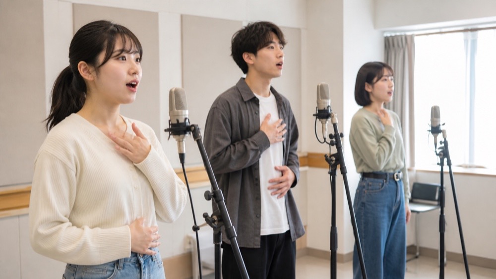 声優専門学校の教室で発声練習に取り組む学生