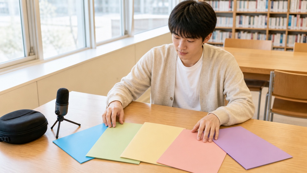 声優を目指す5つの進路資料を比較する高校生