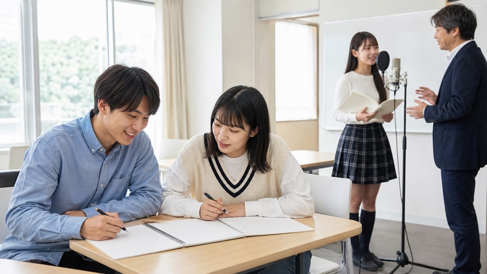 高等専修学校で一般学習と声優実習に取り組む生徒