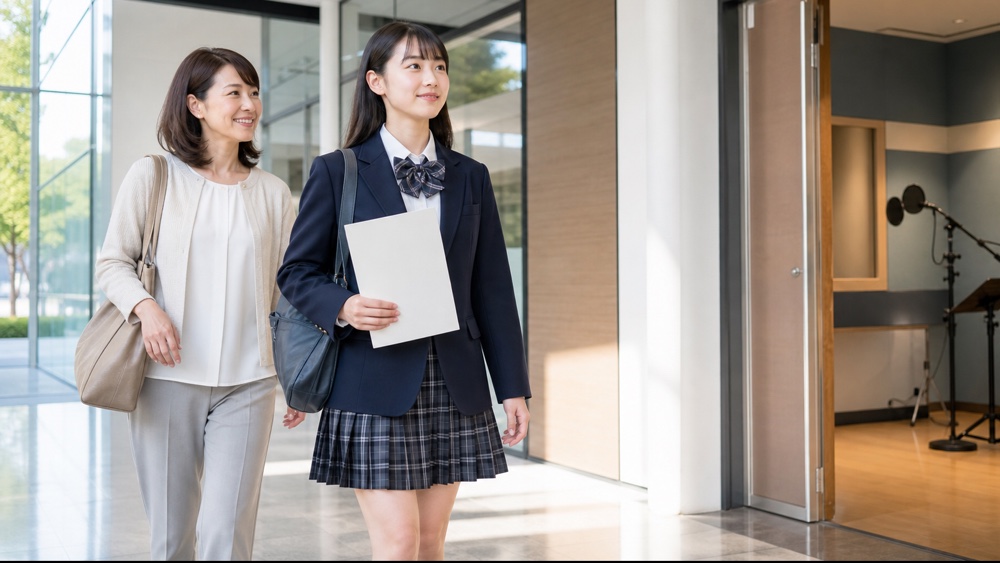 高校卒業後の声優専門学校進学に向けてオープンキャンパスを訪れる高校生