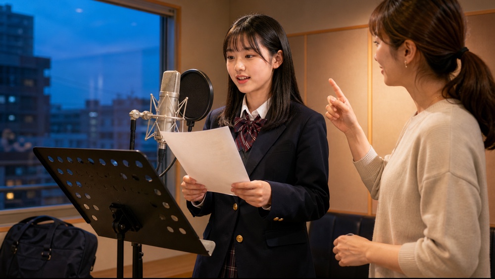 放課後の夜間に声優養成所でマイクレッスンを受ける高校生