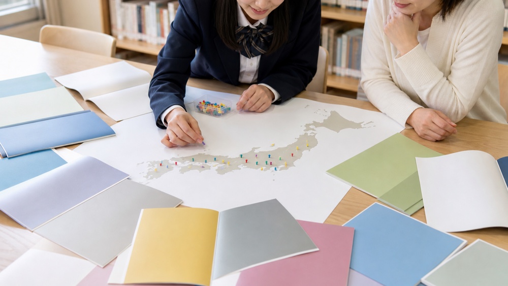 全国の声優科がある学校を地図と資料で確認する高校生と保護者