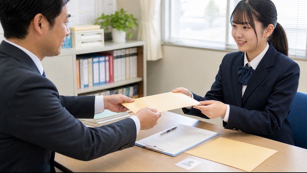 声優専門学校の出願に向けて卒業見込みの書類を準備する高校生