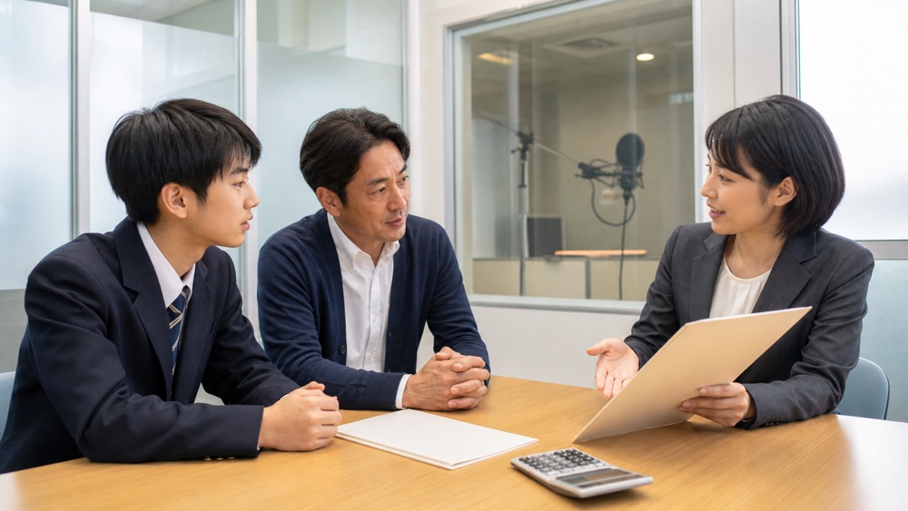 声優専門学校の学費と支援制度を進学相談員に確認する高校生と保護者