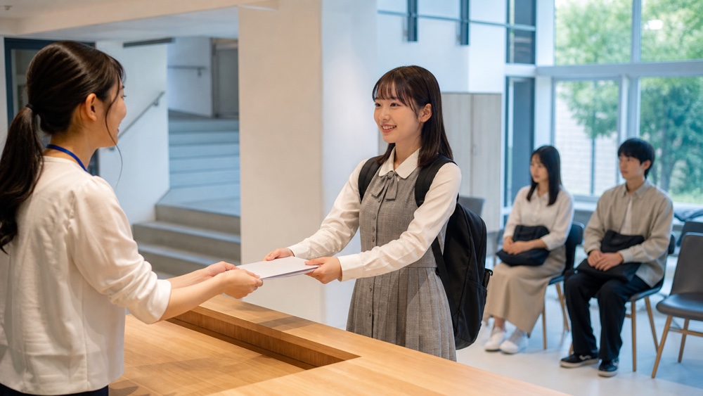 声優養成所の受付で入所書類を提出して手続きを進めるイメージ